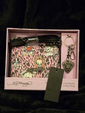 Ed Hardy Pink Leopard Skull & Flame Crossbody Wallet with Key Ring